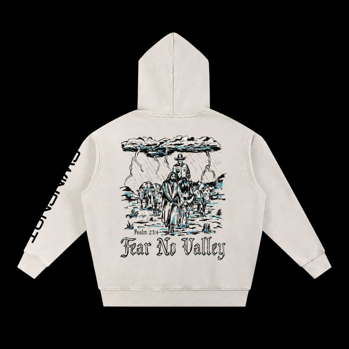 Fear No Valley hoodie — Mild Apricot, back on black background