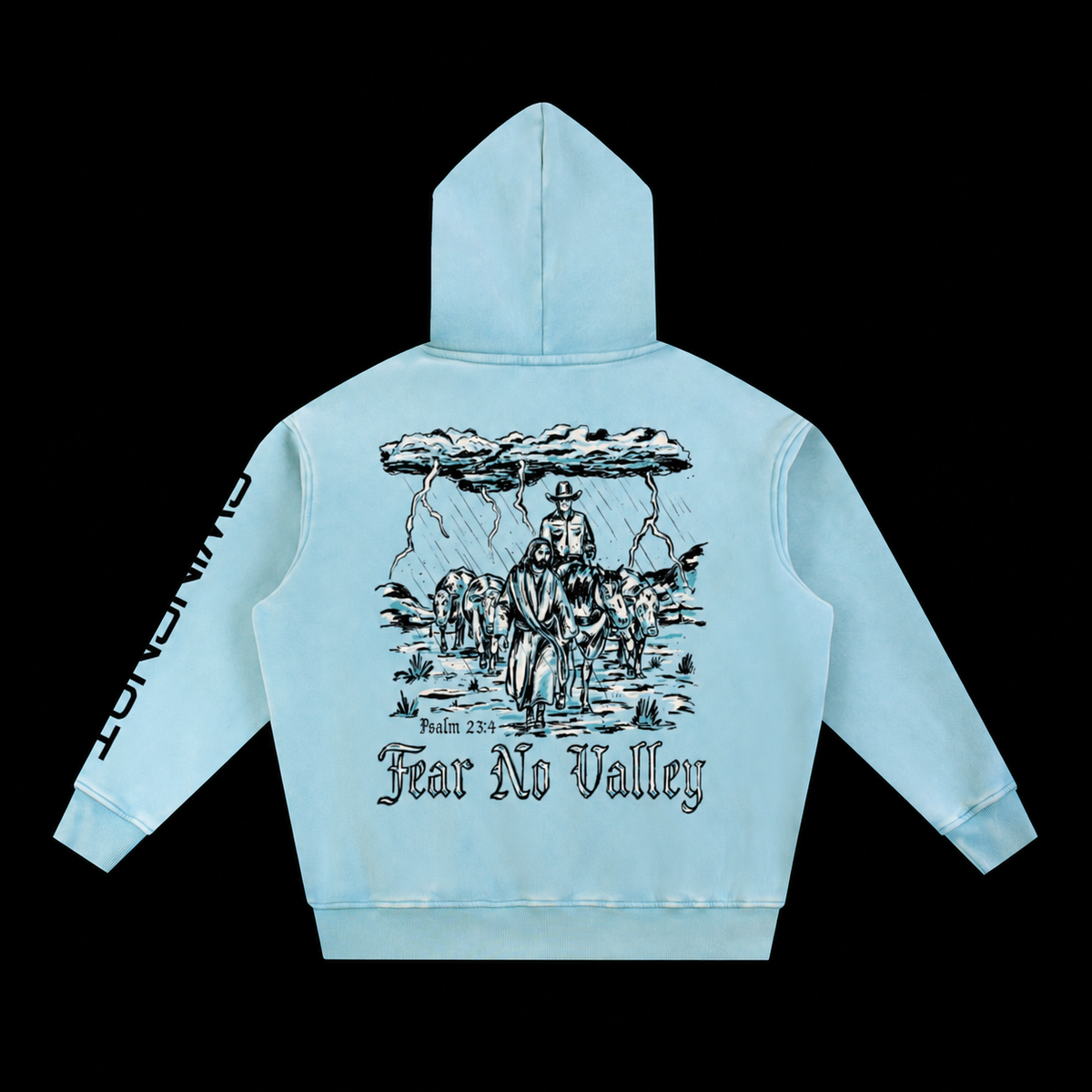 Fear No Valley hoodie — Lake Blue, back on black background