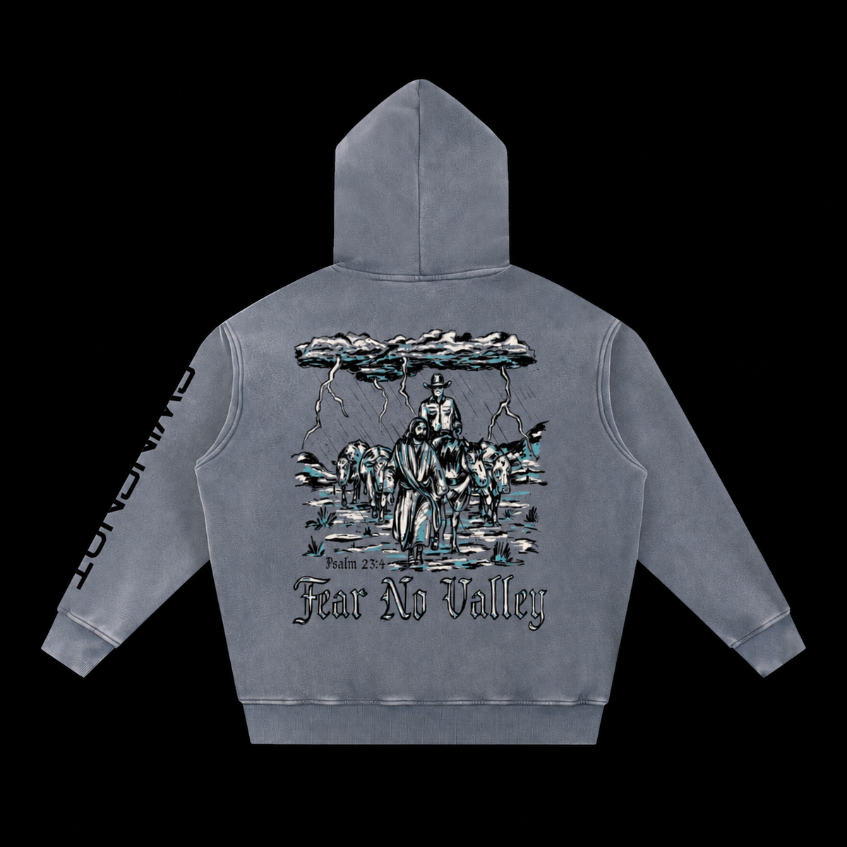 Fear No Valley hoodie — Royal Blue, back on black background