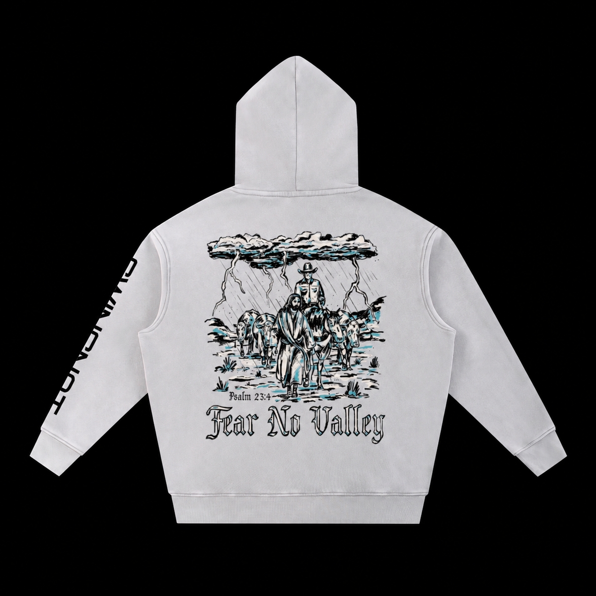 Fear No Valley hoodie — Light Gray, back on black background