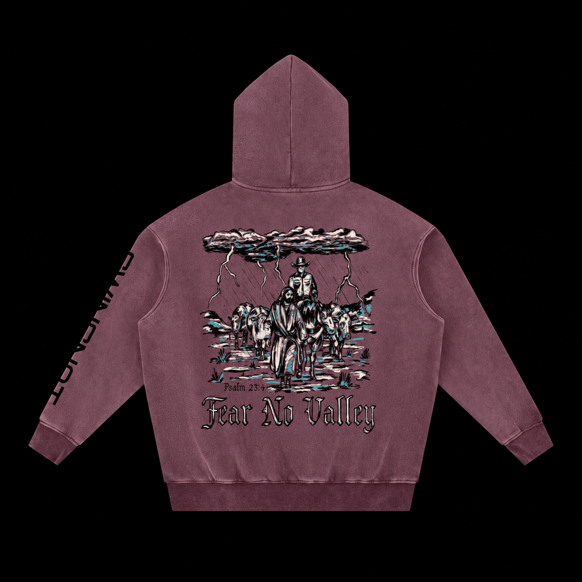 Fear No Valley hoodie — Jujube Red, back on black background