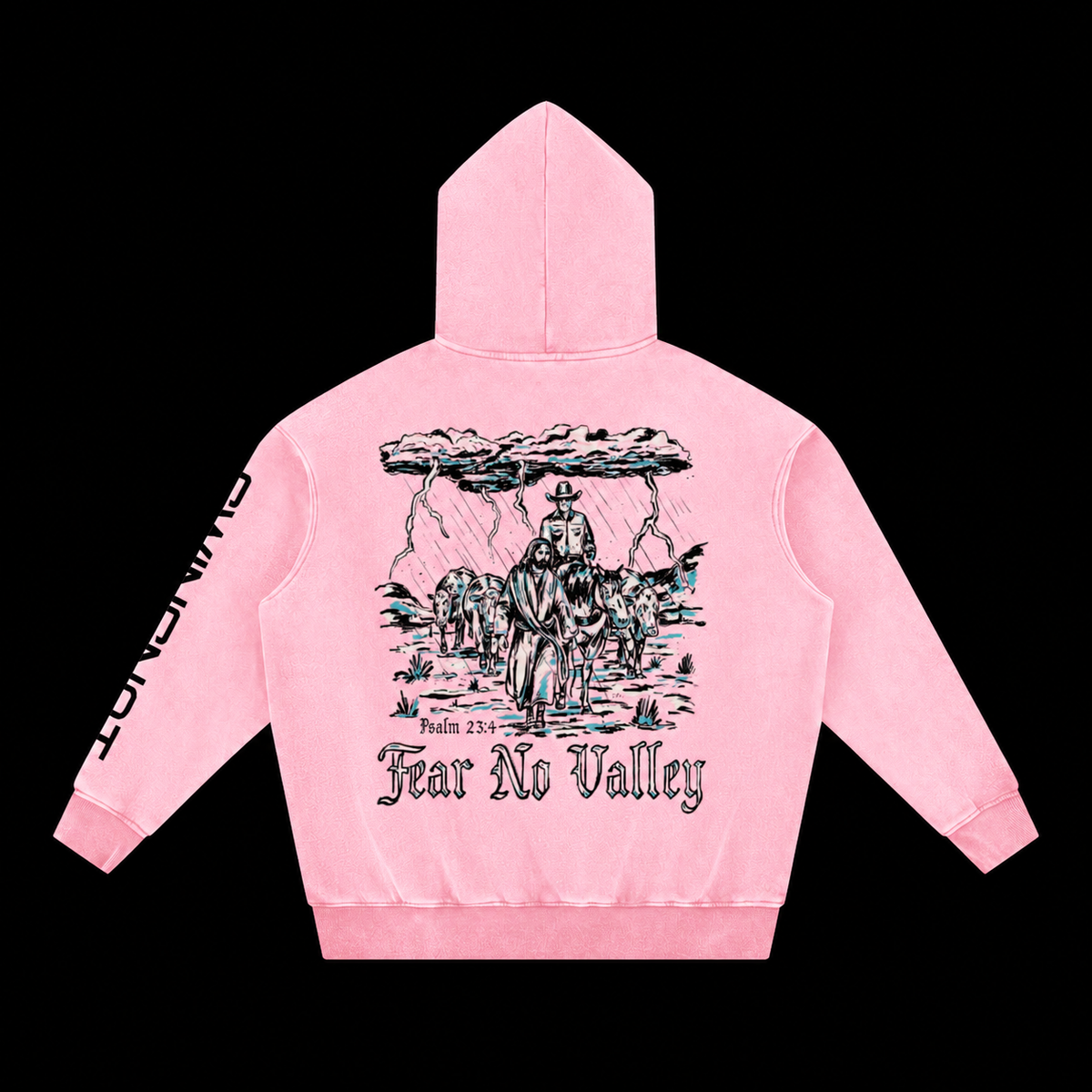 Fear No Valley hoodie — Pink, back on black background