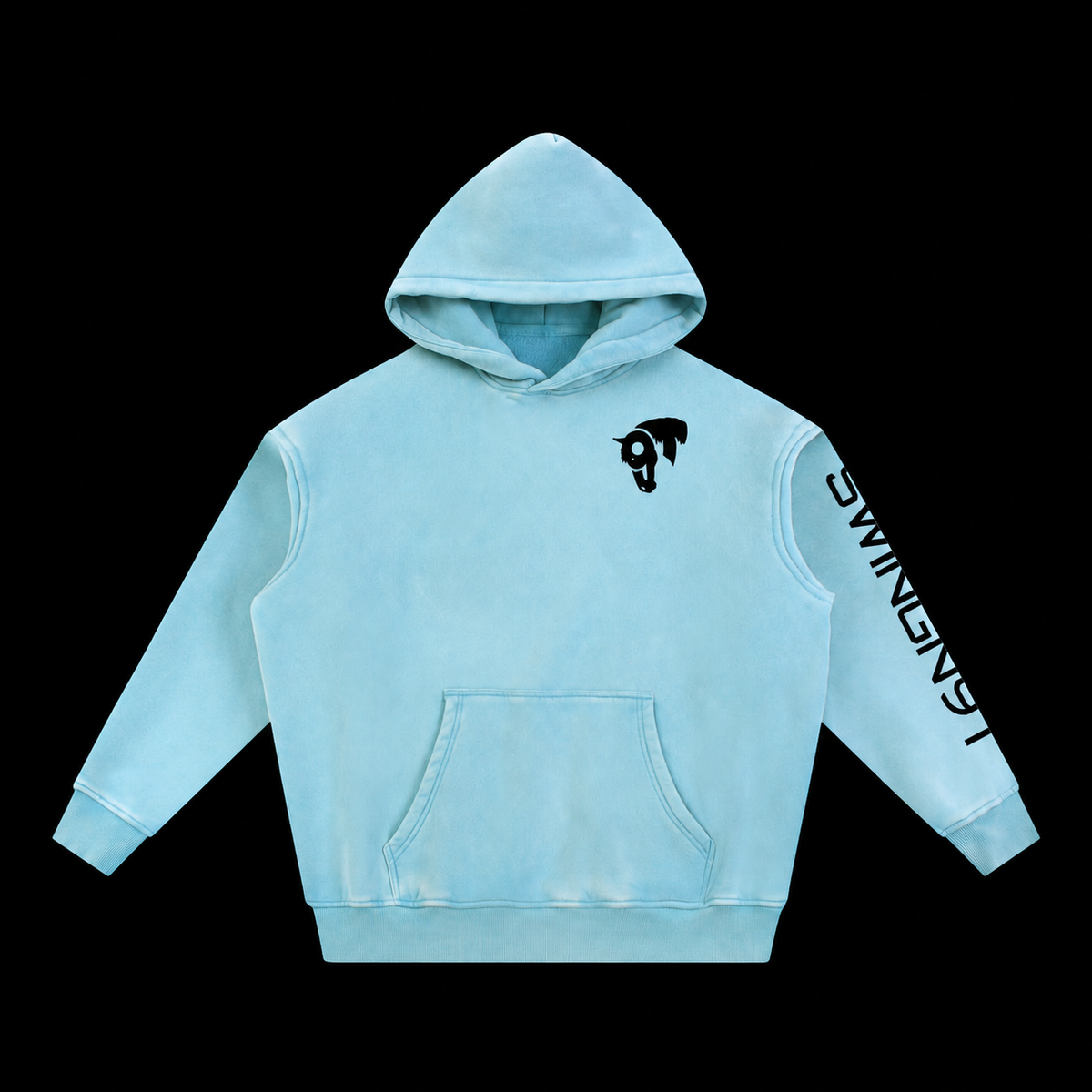 Fear No Valley hoodie — Lake Blue, front on black background