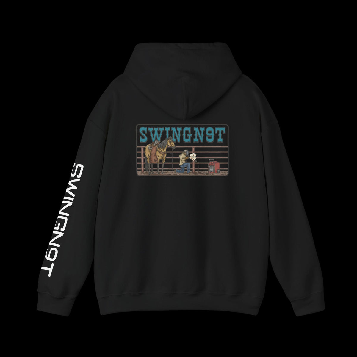 SwingN9T Welder hoodie in Black, back view with left-sleeve lettering on black background