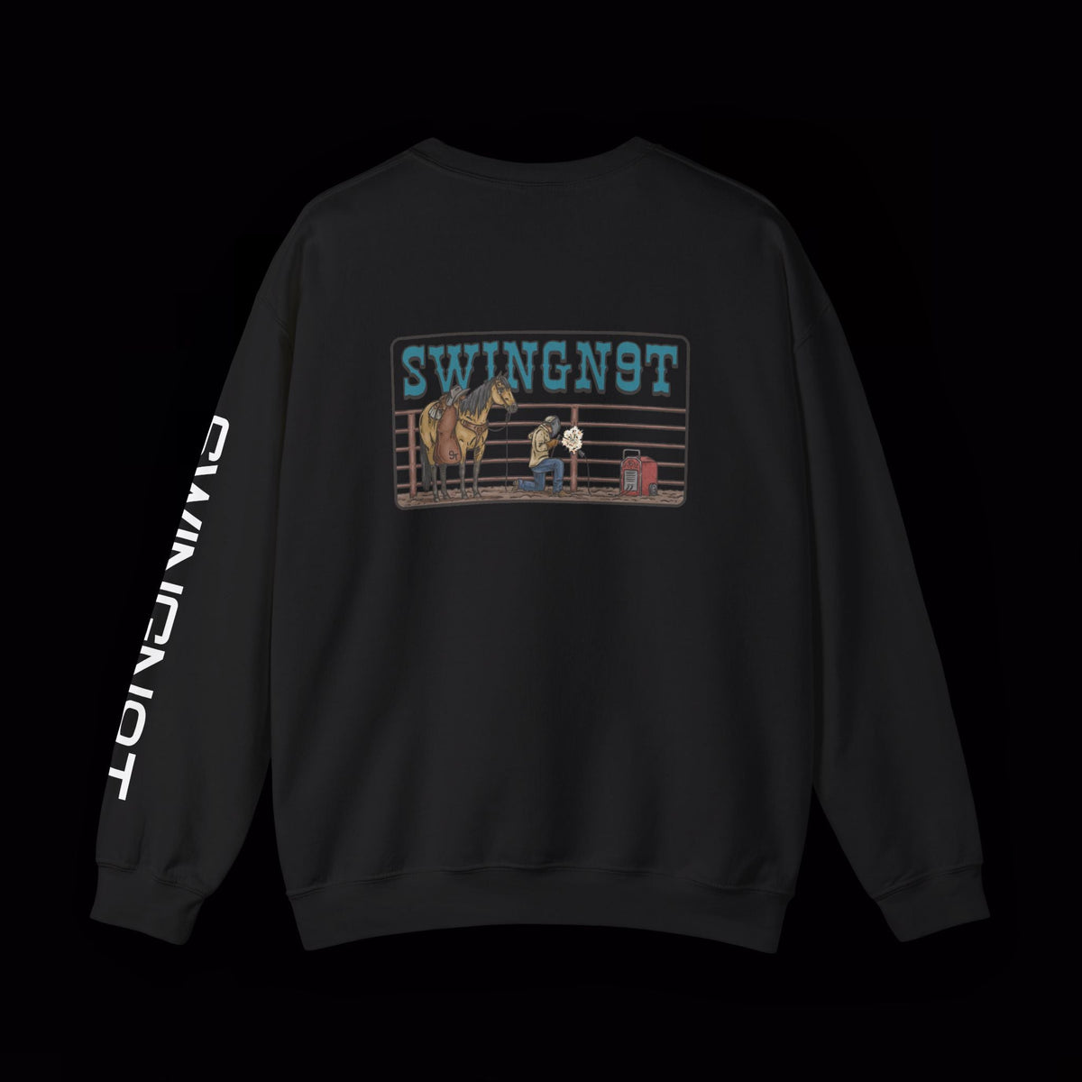 SwingN9T Welder crewneck in Black, back view with left-sleeve lettering on black background