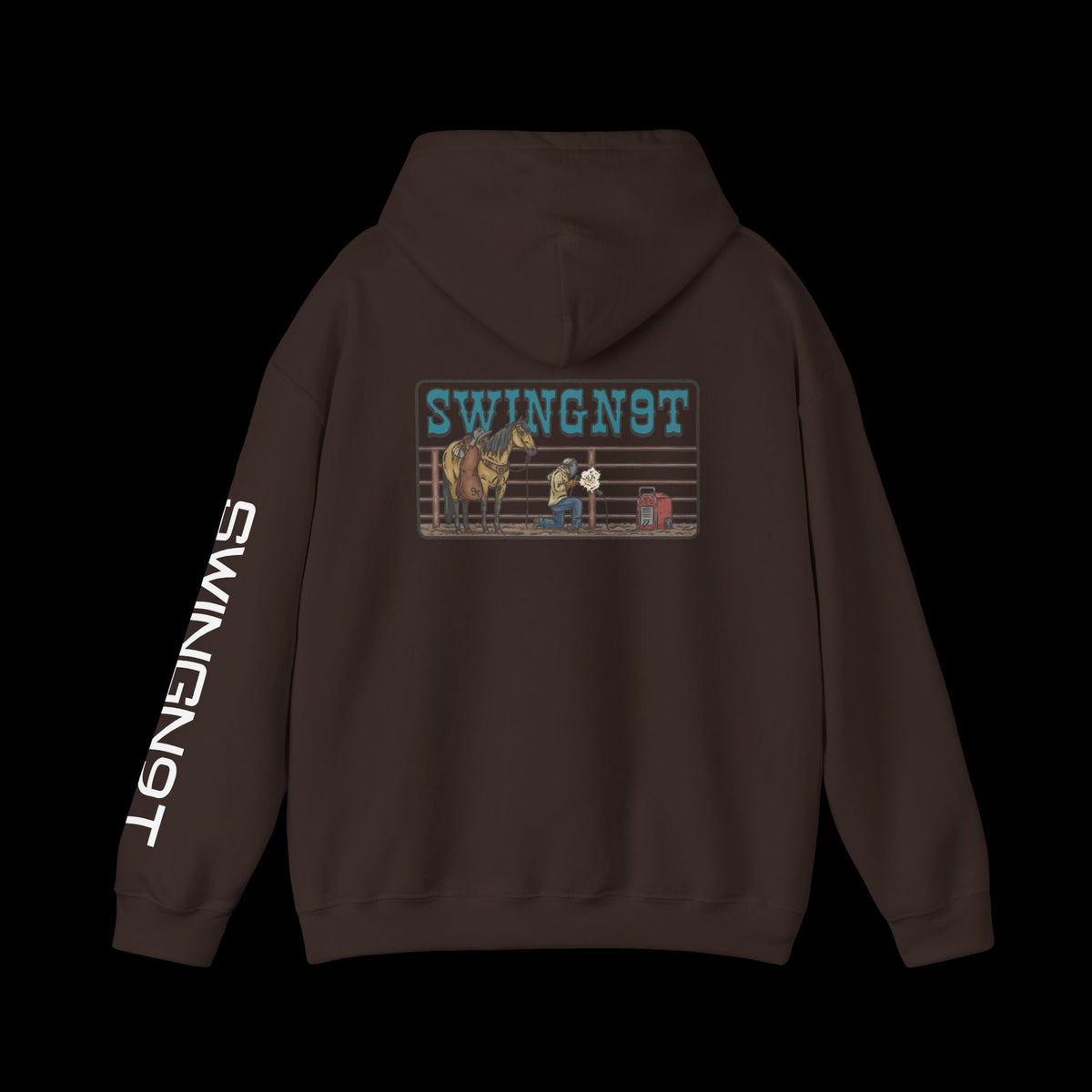 SwingN9T Welder hoodie in Dark Chocolate, back view with left-sleeve lettering on black background