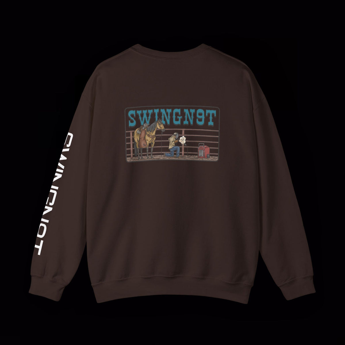 SwingN9T Welder crewneck in Dark Chocolate, back view with left-sleeve lettering on black background