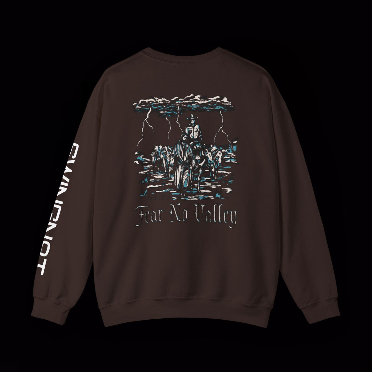 Fear No Valley crewneck in Dark Chocolate, enlarged back graphic and left-sleeve lettering