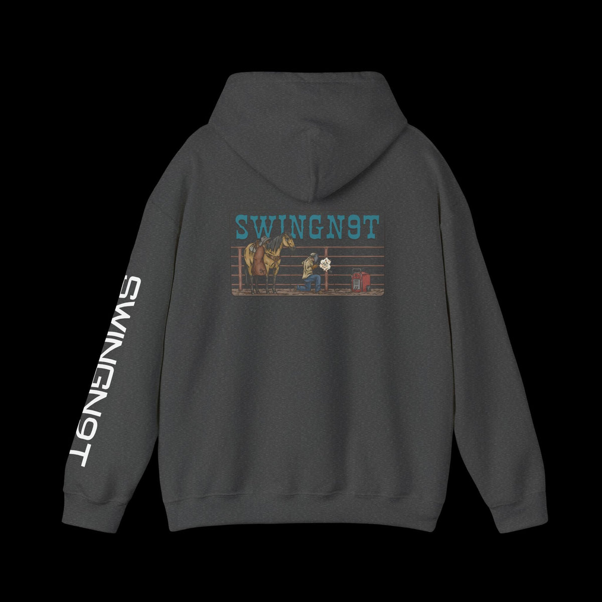 SwingN9T Welder hoodie in Dark Heather, back view with left-sleeve lettering on black background