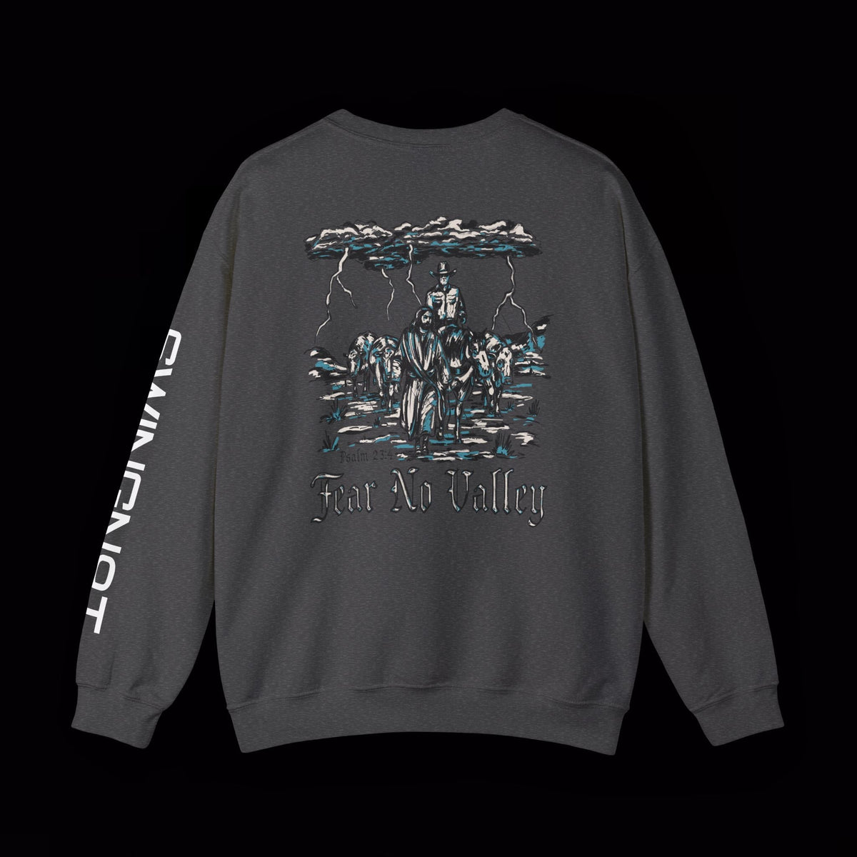 Fear No Valley crewneck in Dark Heather, enlarged back graphic and left-sleeve lettering