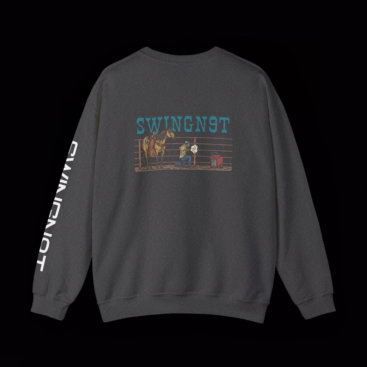SwingN9T Welder crewneck in Dark Heather, back view with left-sleeve lettering on black background