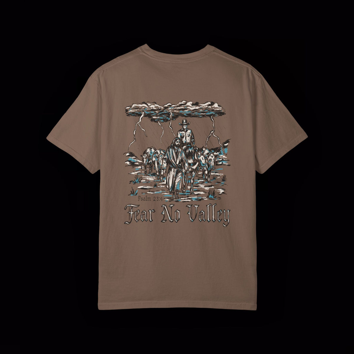 Fear No Valley T-shirt — enlarged back graphic, Espresso