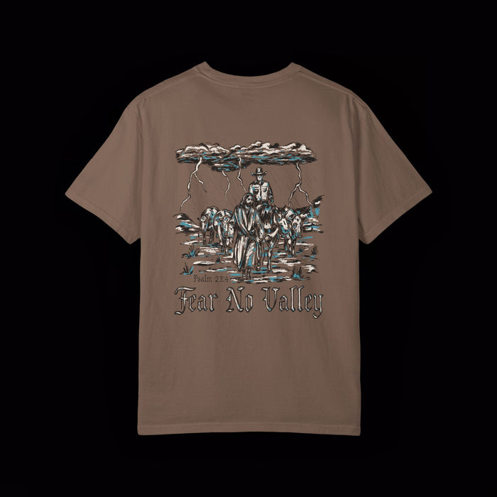 Fear No Valley T-shirt — enlarged back graphic, Espresso