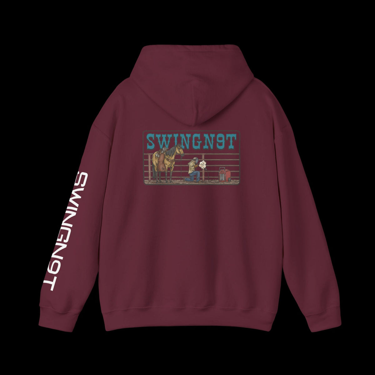 SwingN9T Welder hoodie in Maroon, back view with left-sleeve lettering on black background