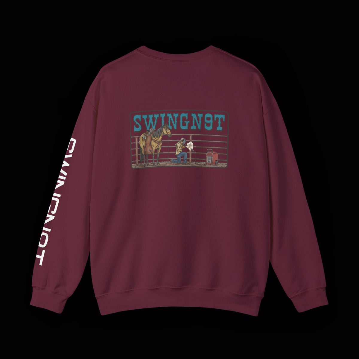 SwingN9T Welder crewneck in Maroon, back view with left-sleeve lettering on black background