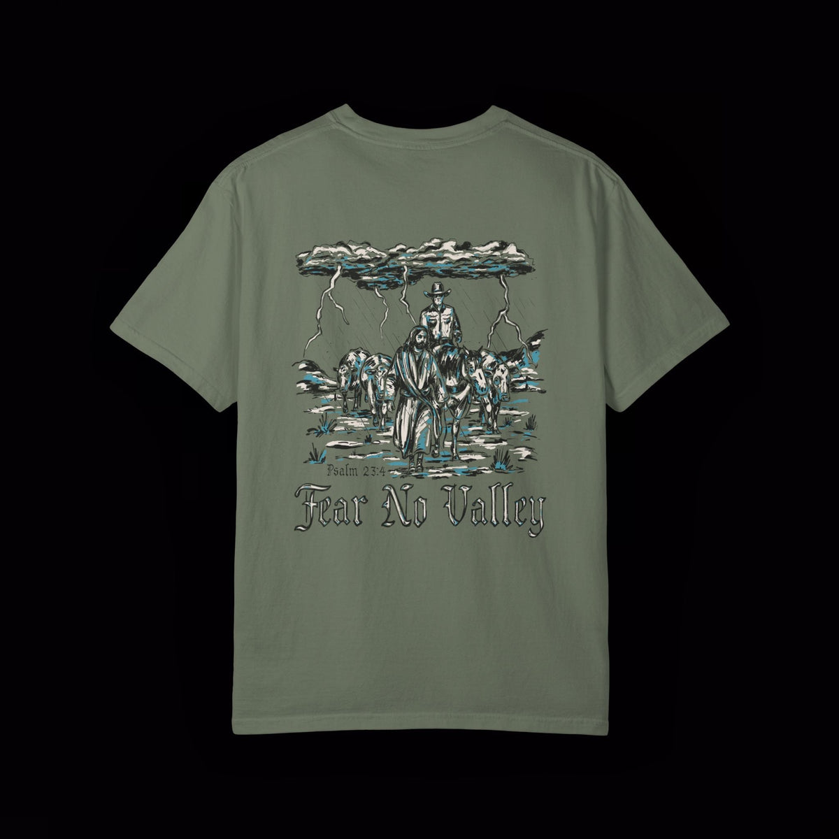 Fear No Valley T-shirt — enlarged back graphic, Moss