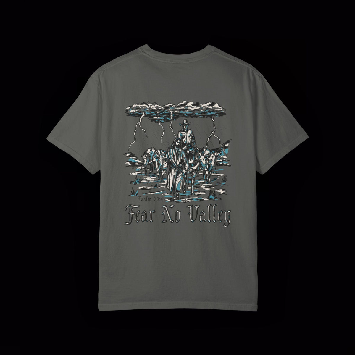 Fear No Valley T-shirt — enlarged back graphic, Pepper