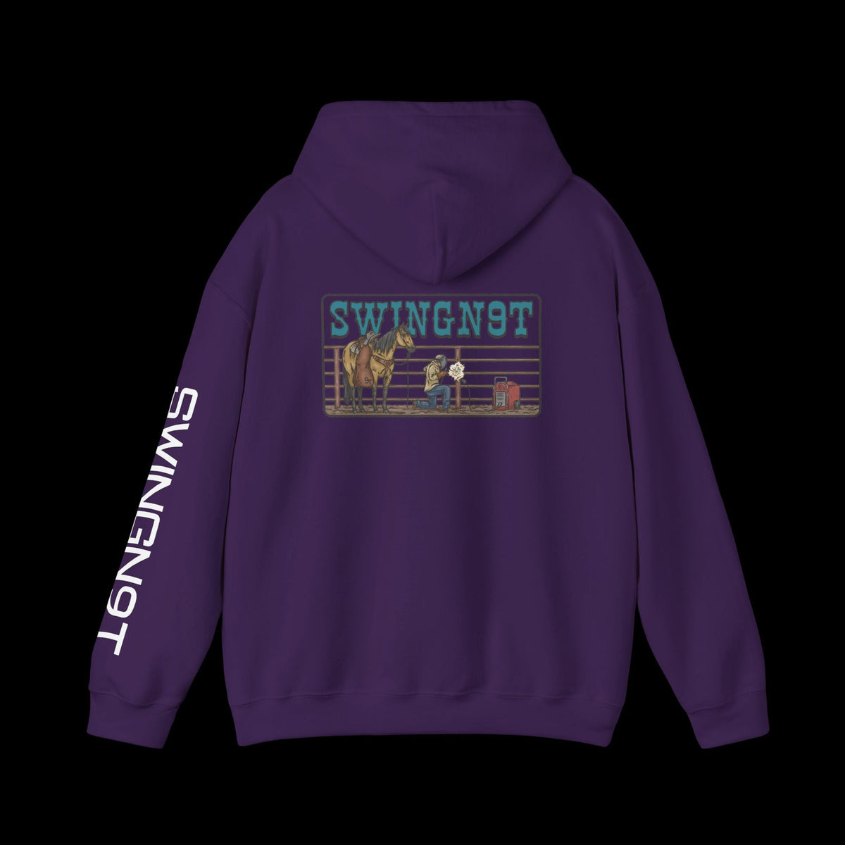 SwingN9T Welder hoodie in Purple, back view with left-sleeve lettering on black background