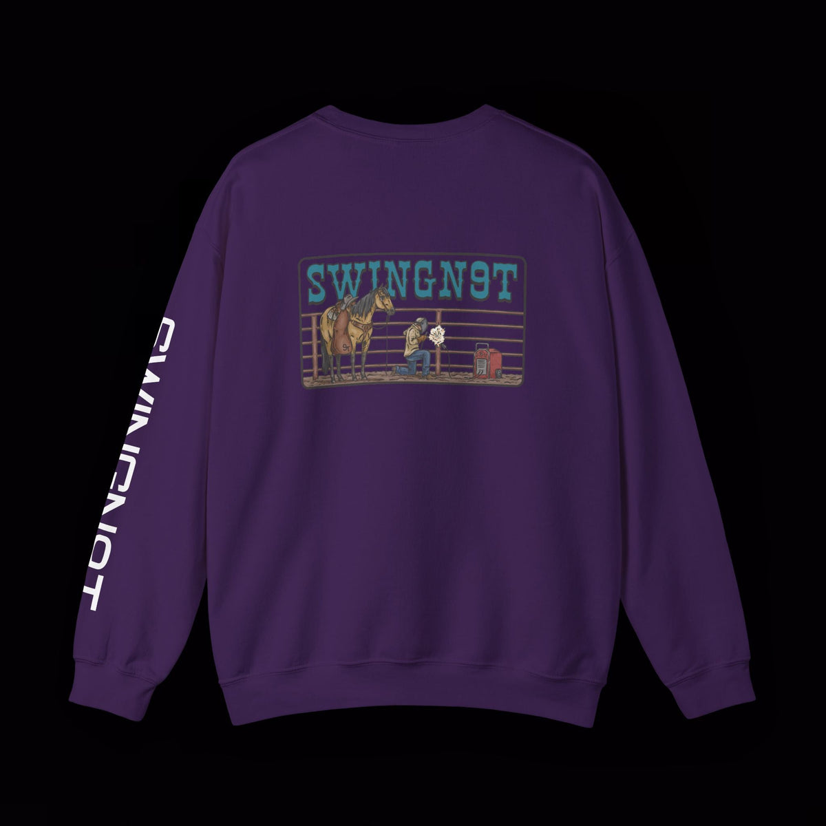 SwingN9T Welder crewneck in Purple, back view with left-sleeve lettering on black background