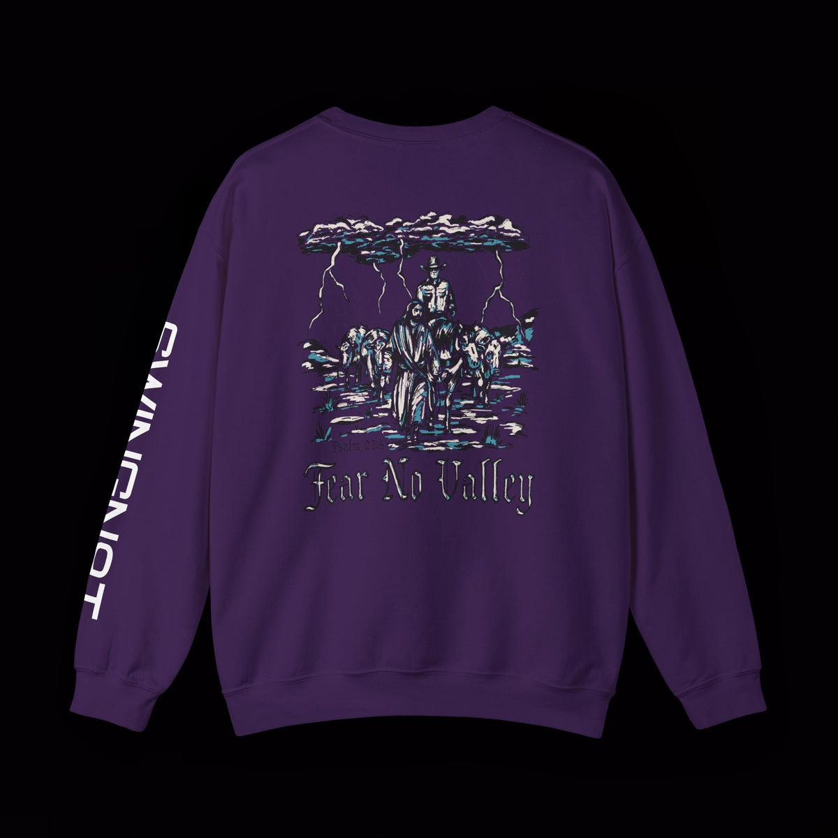 Fear No Valley crewneck in Purple, enlarged back graphic and left-sleeve lettering