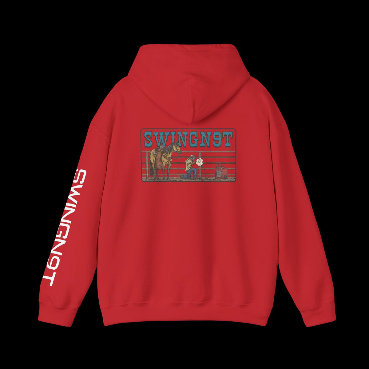 SwingN9T Welder hoodie in Red, back view with left-sleeve lettering on black background