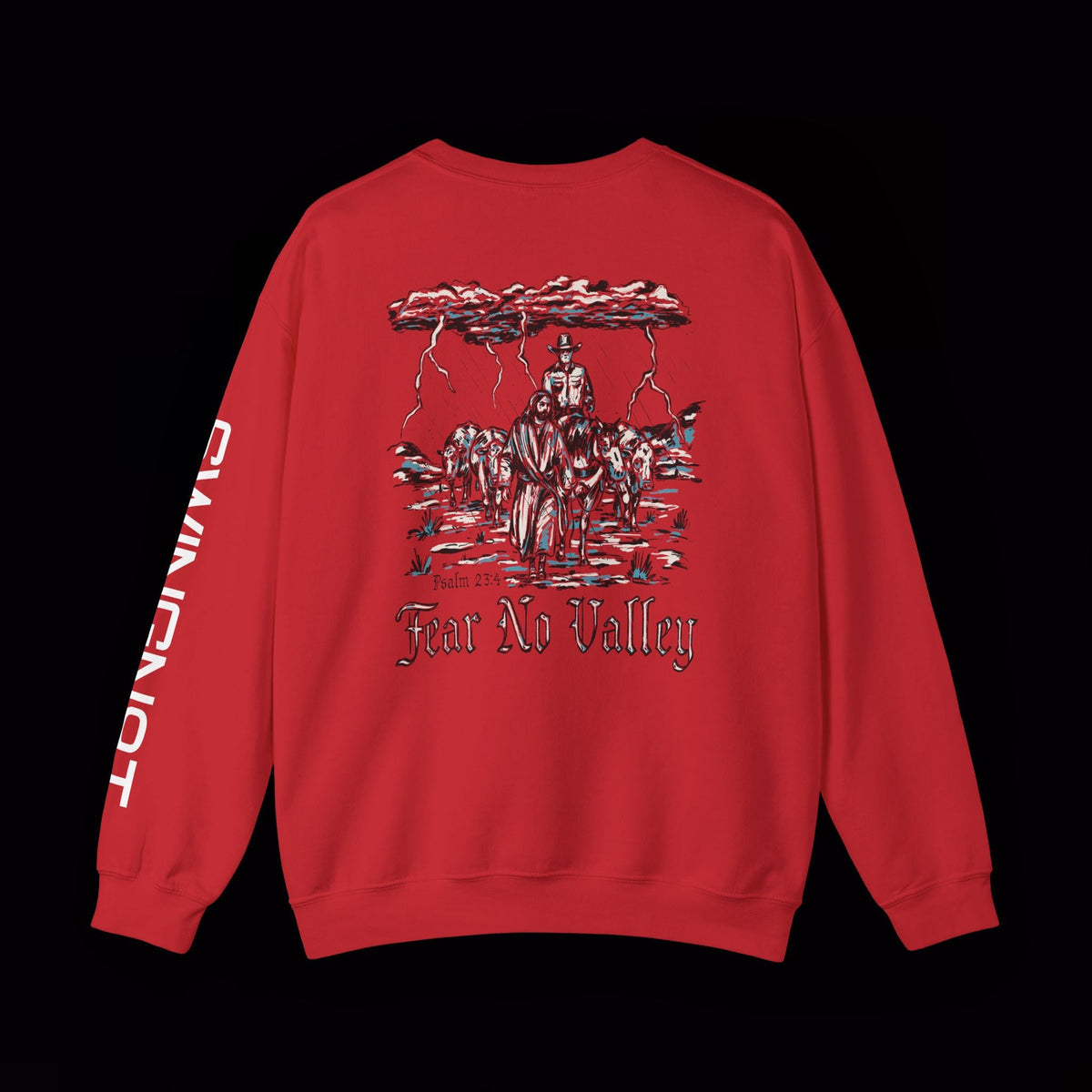 Fear No Valley crewneck in Red, enlarged back graphic and left-sleeve lettering