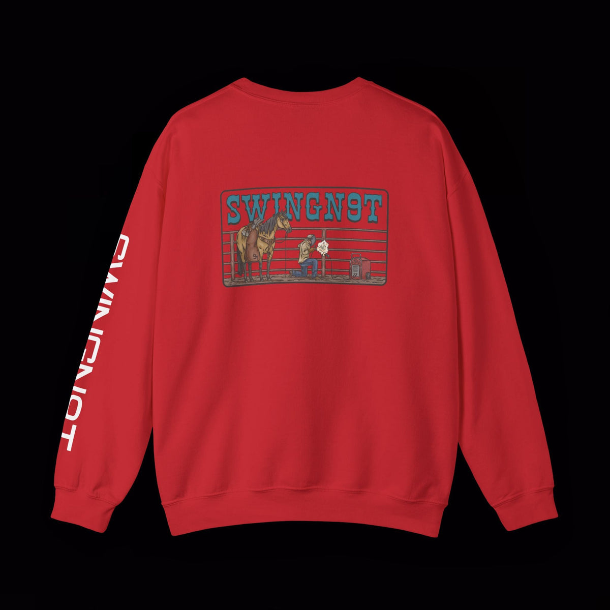 SwingN9T Welder crewneck in Red, back view with left-sleeve lettering on black background