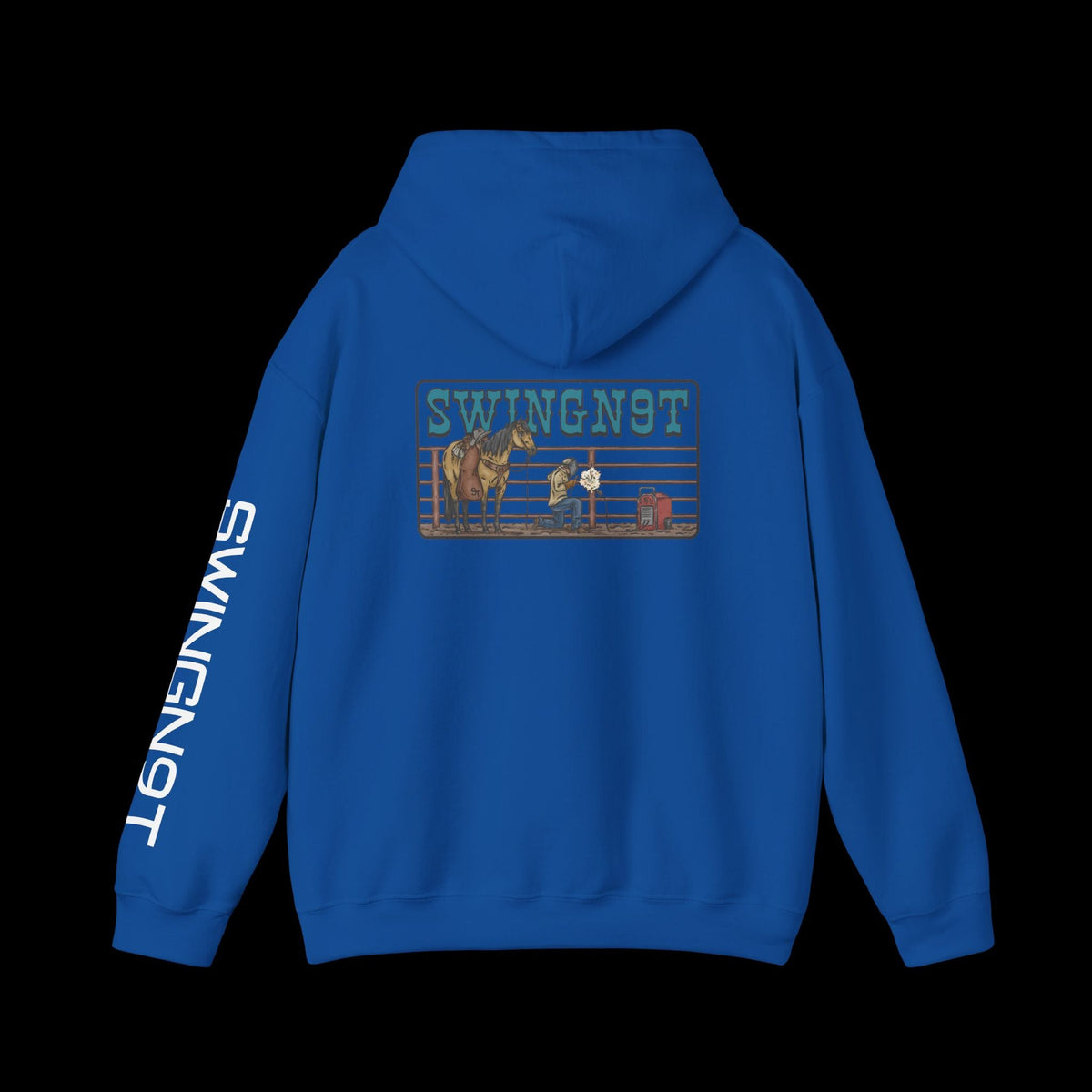 SwingN9T Welder hoodie in Royal, back view with left-sleeve lettering on black background