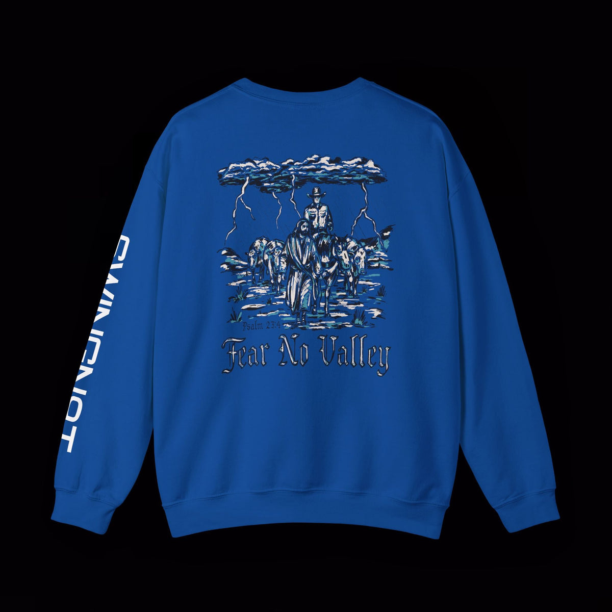 Fear No Valley crewneck in Royal, enlarged back graphic and left-sleeve lettering
