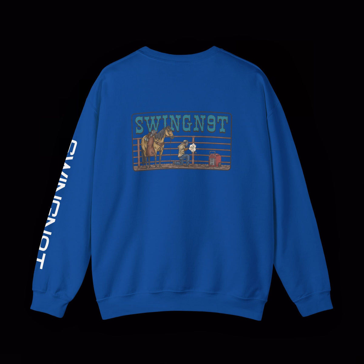 SwingN9T Welder crewneck in Royal, back view with left-sleeve lettering on black background