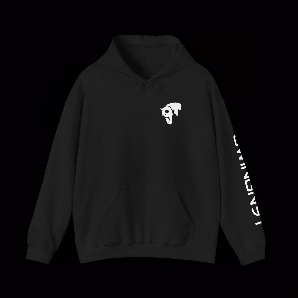 SwingN9T Welder hoodie in Black, front view with left-sleeve lettering on black background