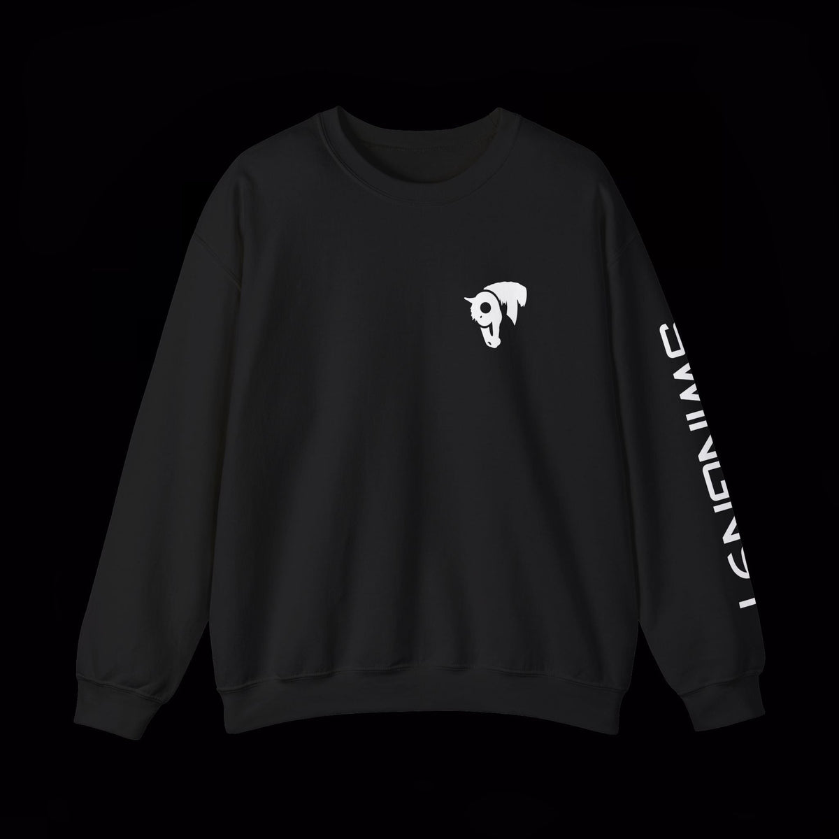 SwingN9T Welder crewneck in Black, front view with left-sleeve lettering on black background