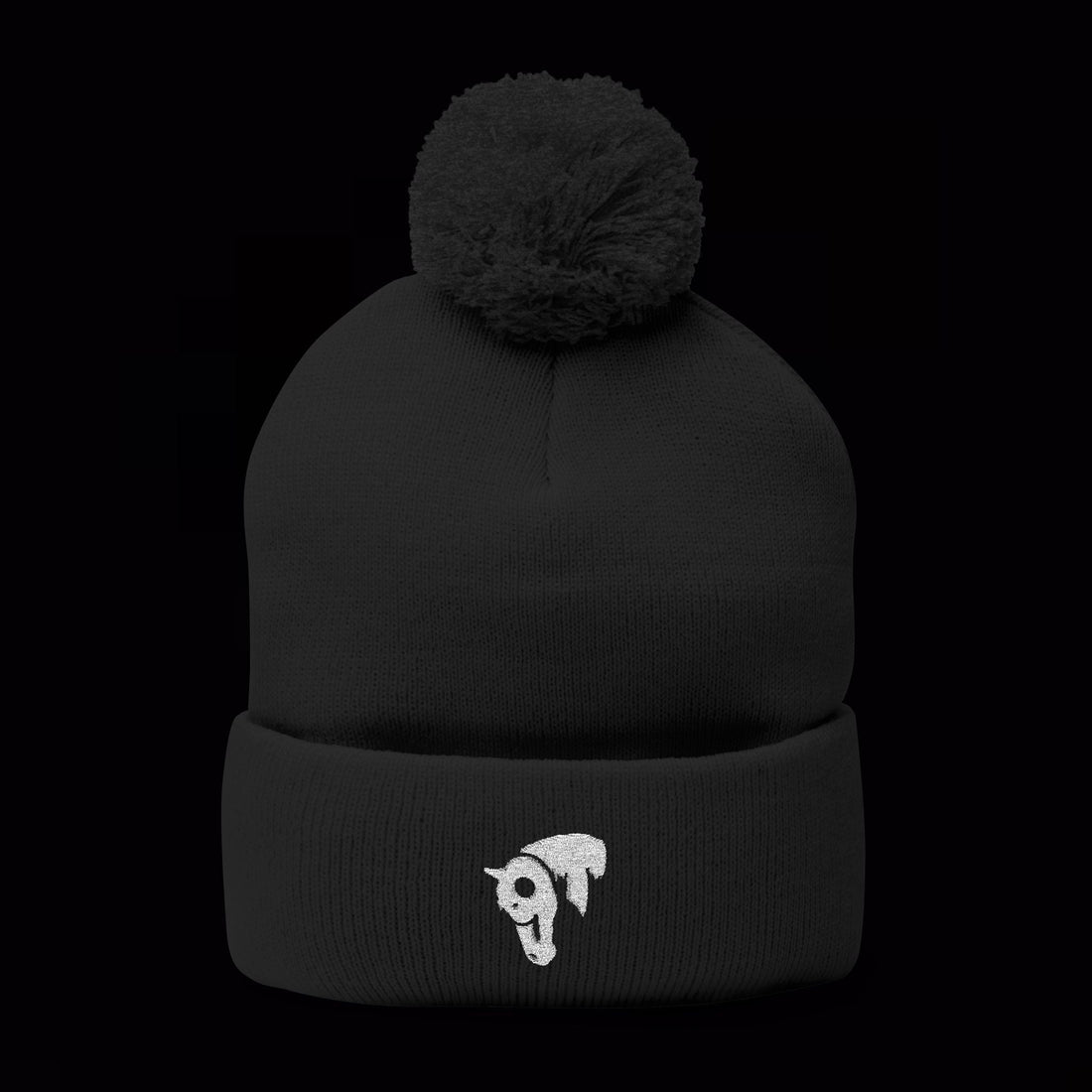 SwingN9T pom-pom beanie in Black with white horse embroidery
