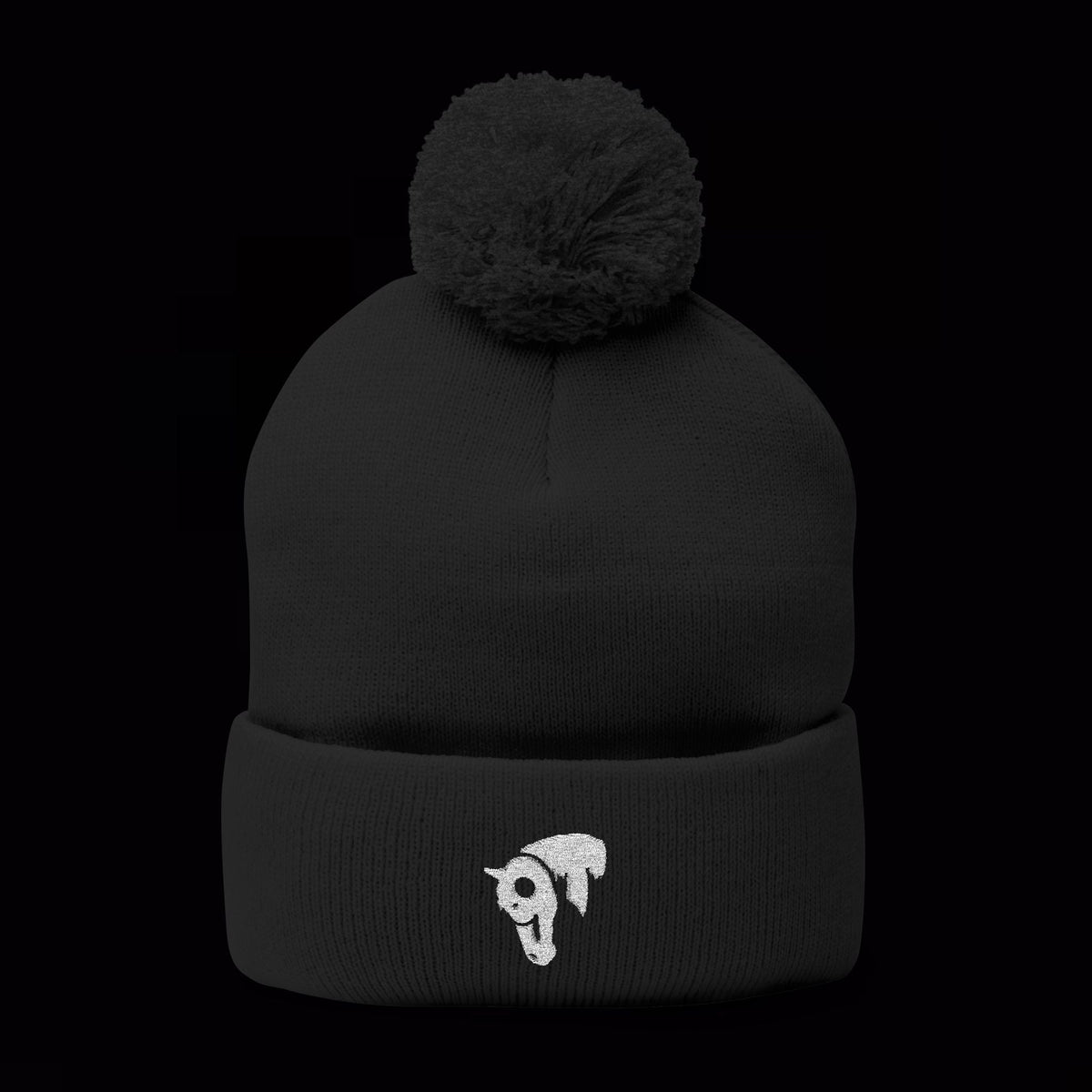 SwingN9T pom-pom beanie in Black with white horse embroidery
