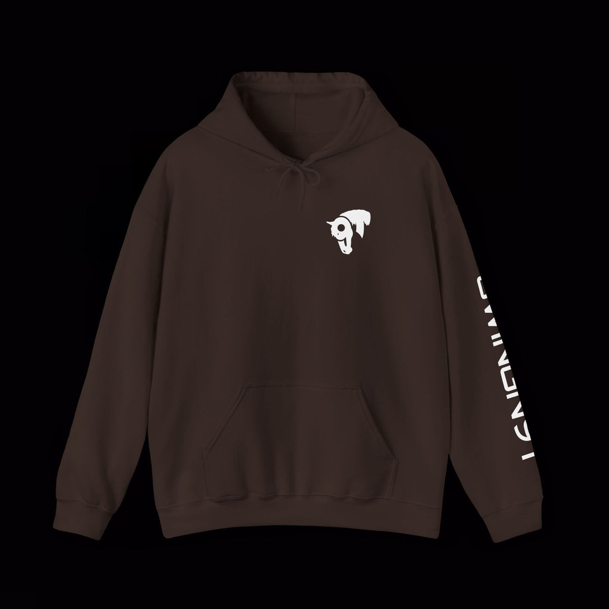 SwingN9T Welder hoodie in Dark Chocolate, front view with left-sleeve lettering on black background
