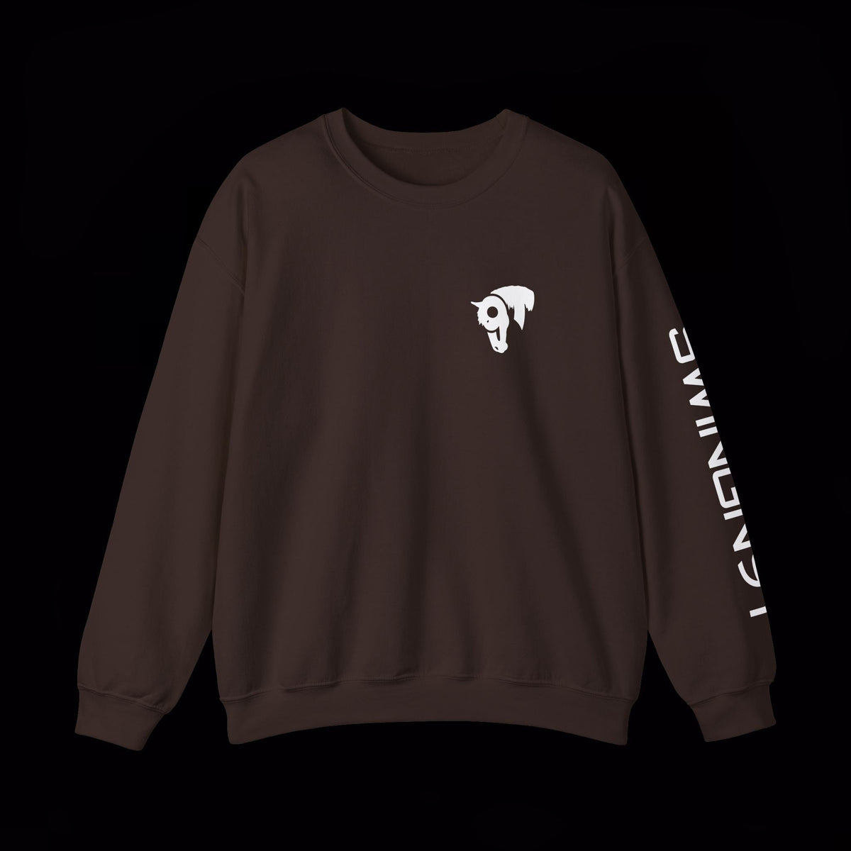 Fear No Valley crewneck in Dark Chocolate, front view with left-sleeve lettering on black background