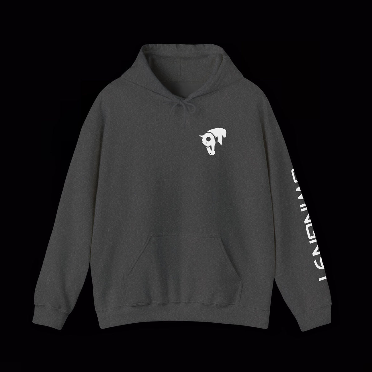 SwingN9T Welder hoodie in Dark Heather, front view with left-sleeve lettering on black background