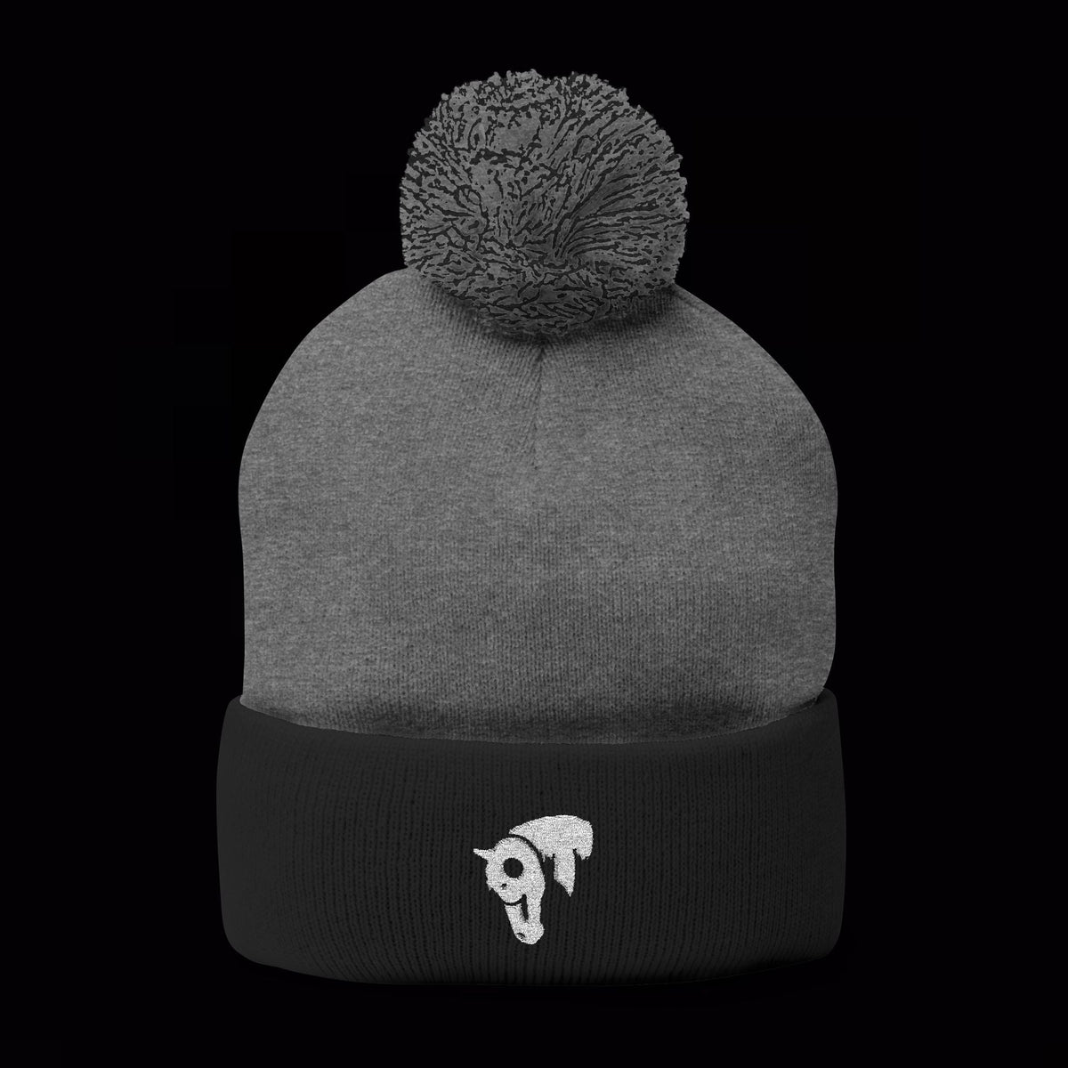 SwingN9T pom-pom beanie in Dark Heather Grey / Black with white horse embroidery