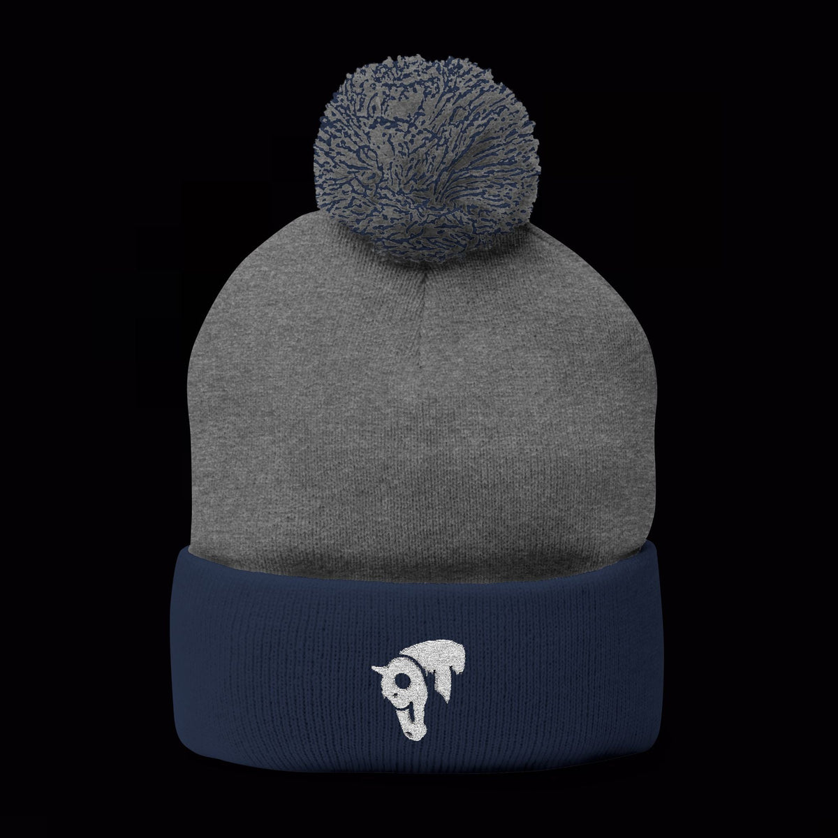 SwingN9T pom-pom beanie in Dark Heather Grey / Navy with white horse embroidery