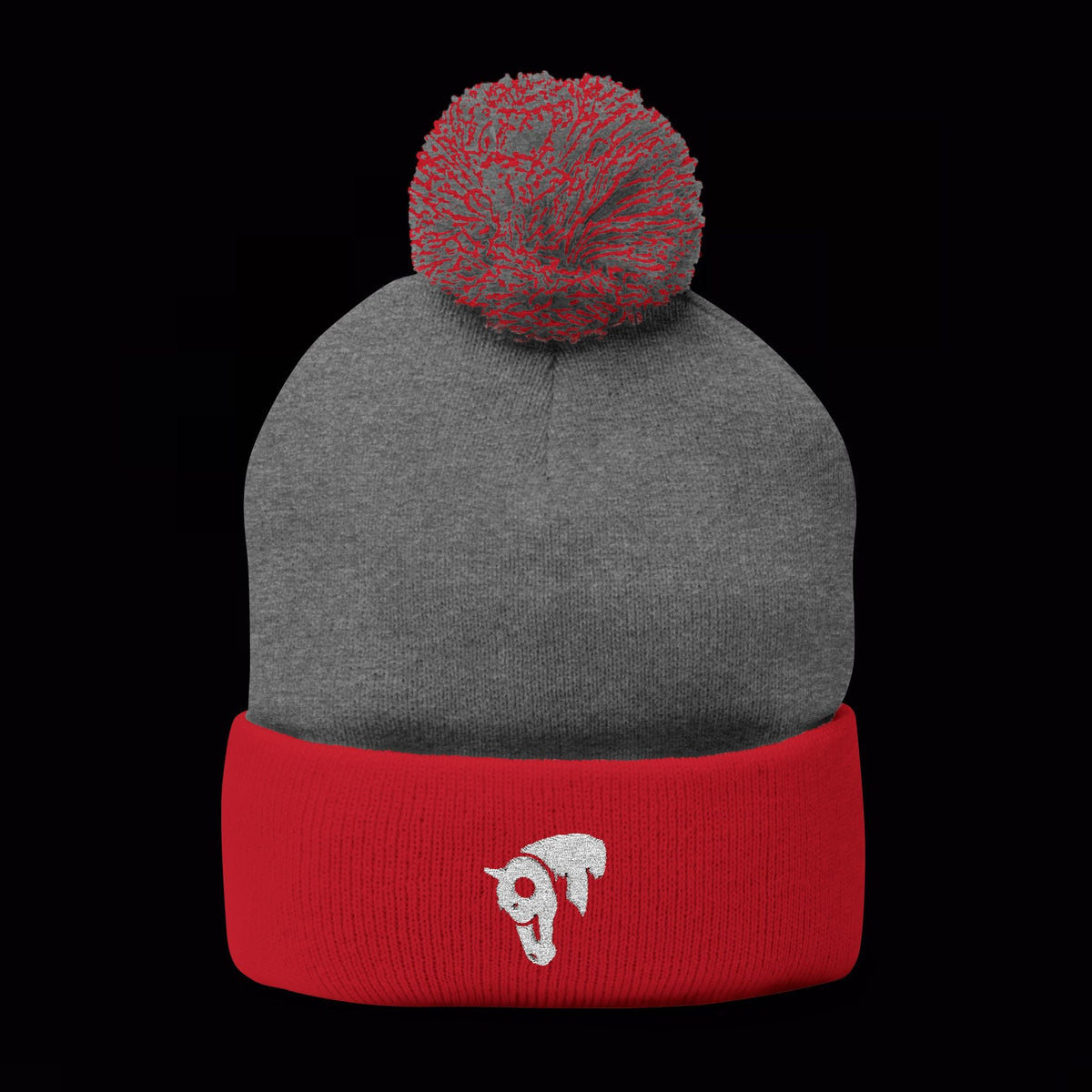 SwingN9T pom-pom beanie in Dark Heather Grey / Red with white horse embroidery