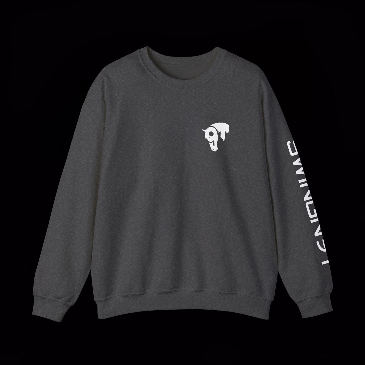 Fear No Valley crewneck in Dark Heather, front view with left-sleeve lettering on black background