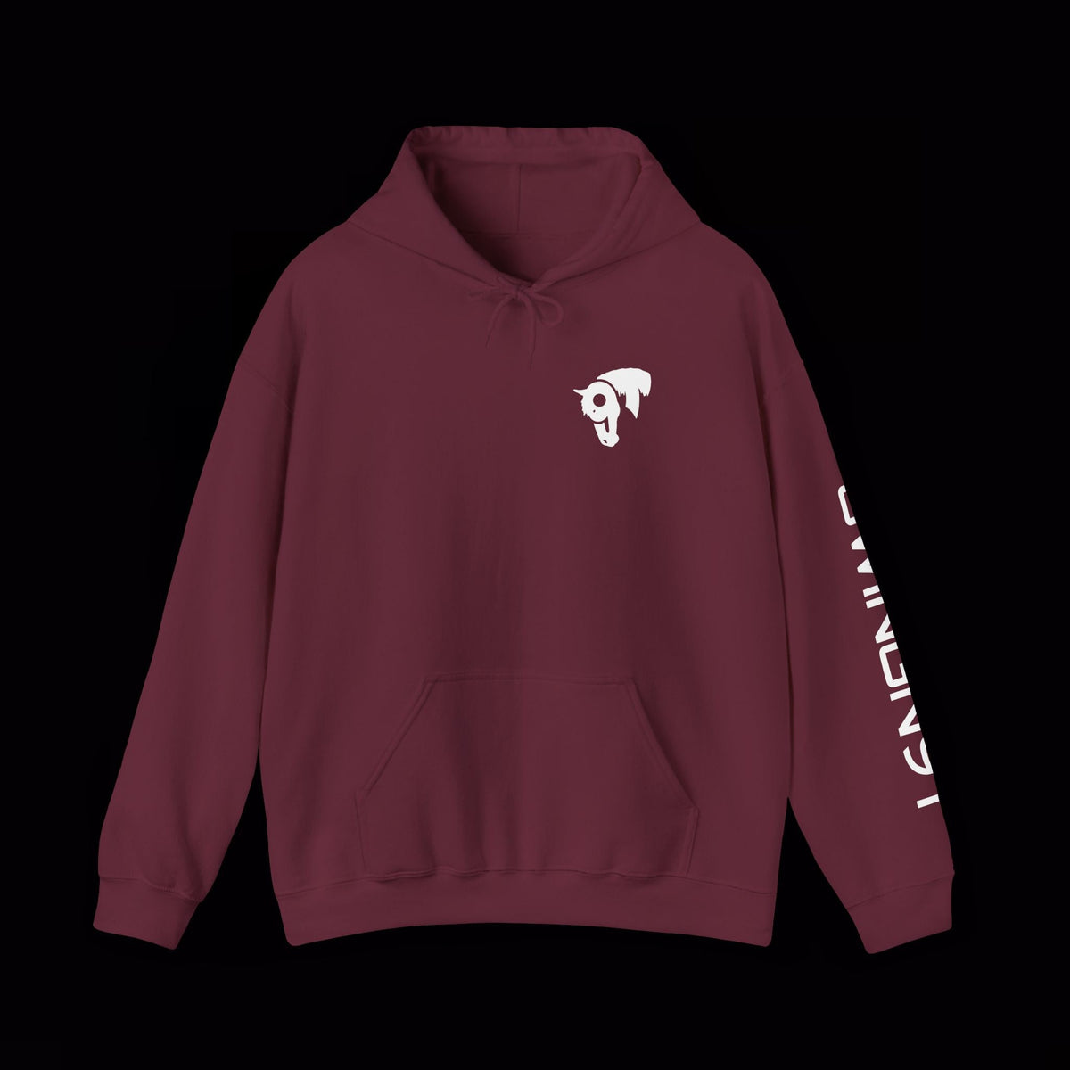 SwingN9T Welder hoodie in Maroon, front view with left-sleeve lettering on black background