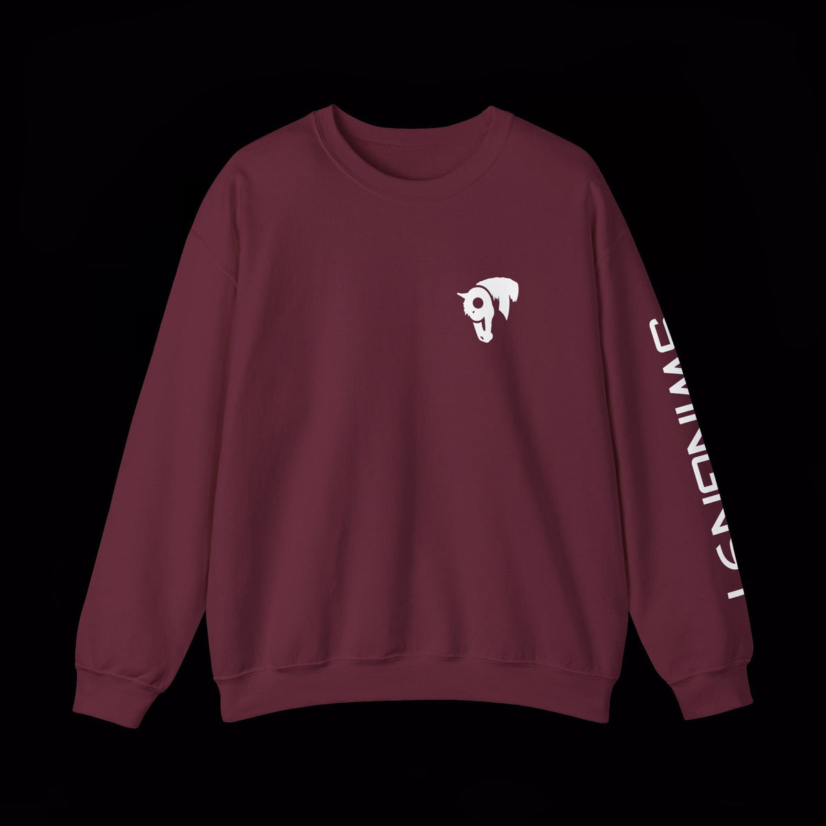 SwingN9T Welder crewneck in Maroon, front view with left-sleeve lettering on black background