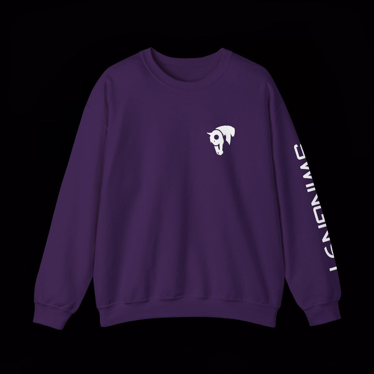 SwingN9T Welder crewneck in Purple, front view with left-sleeve lettering on black background