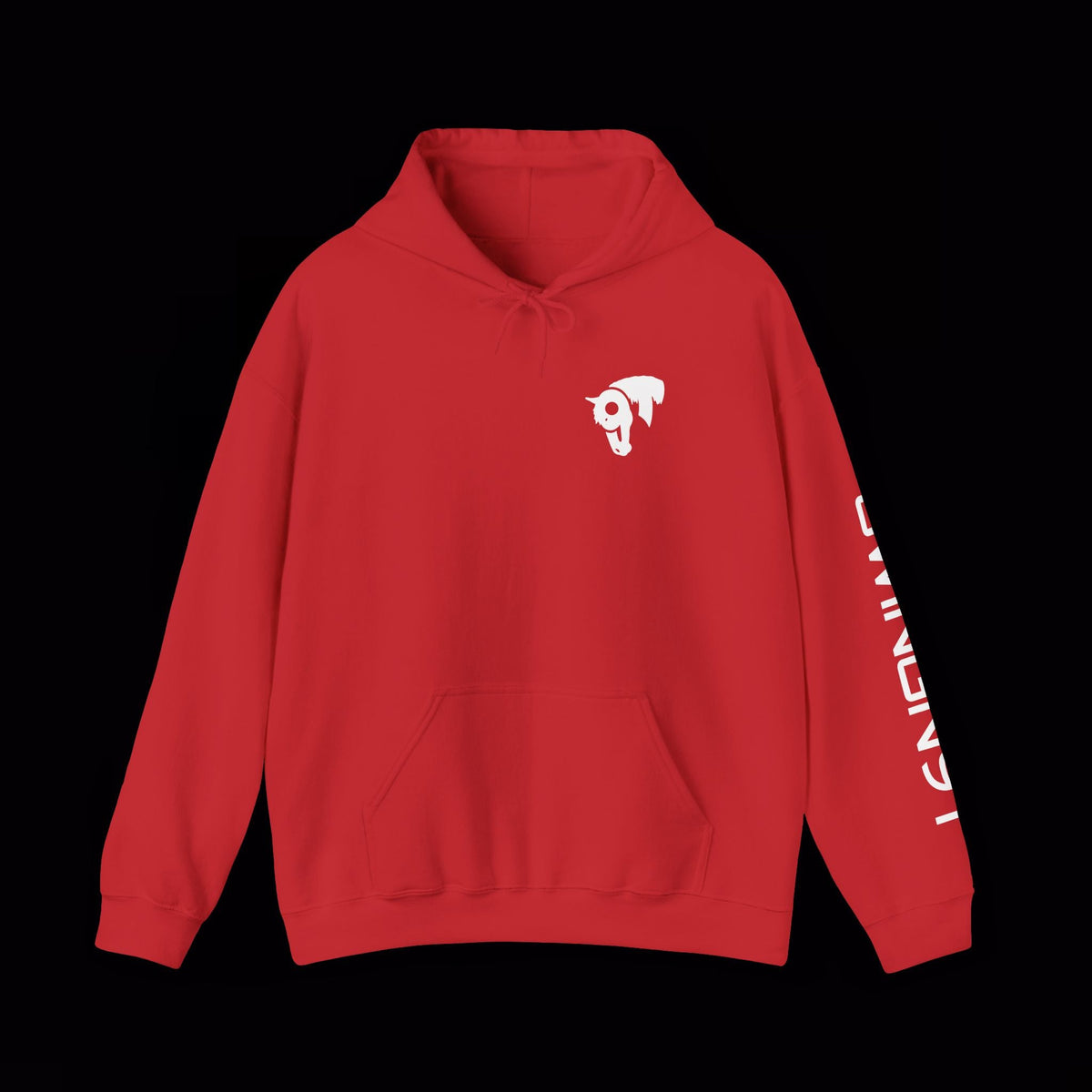SwingN9T Welder hoodie in Red, front view with left-sleeve lettering on black background