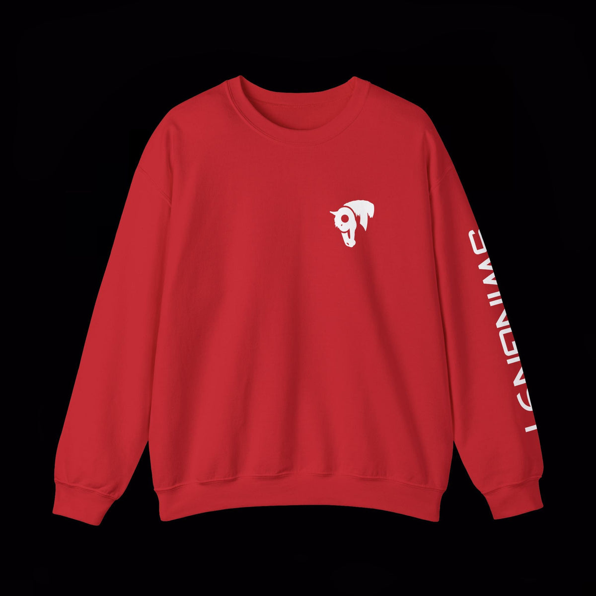SwingN9T Welder crewneck in Red, front view with left-sleeve lettering on black background