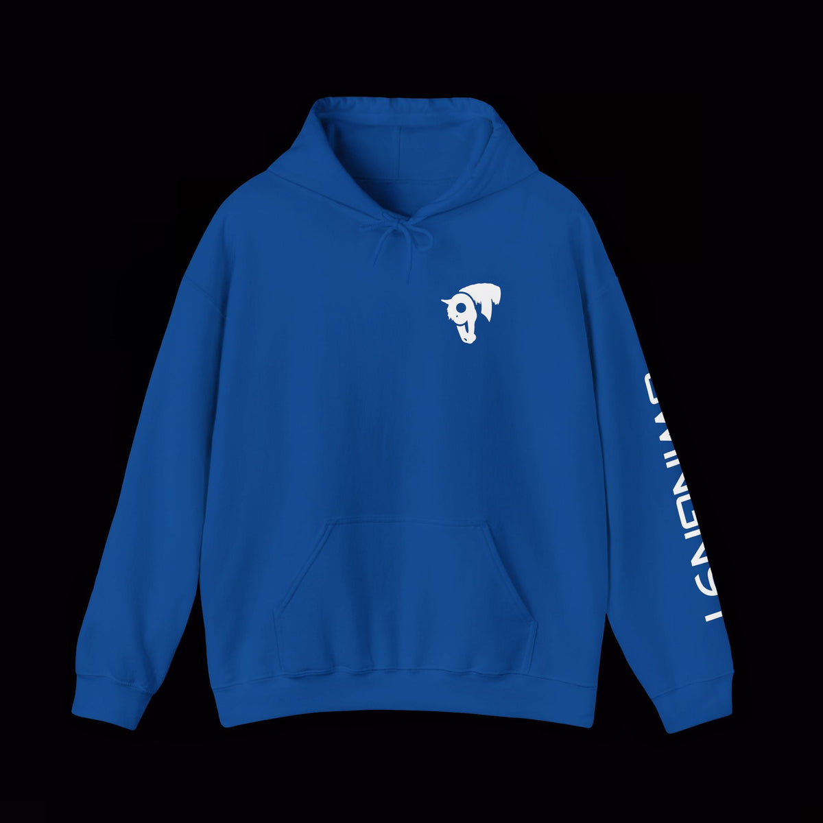 SwingN9T Welder hoodie in Royal, front view with left-sleeve lettering on black background