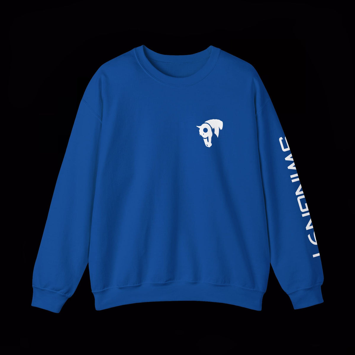 SwingN9T Welder crewneck in Royal, front view with left-sleeve lettering on black background