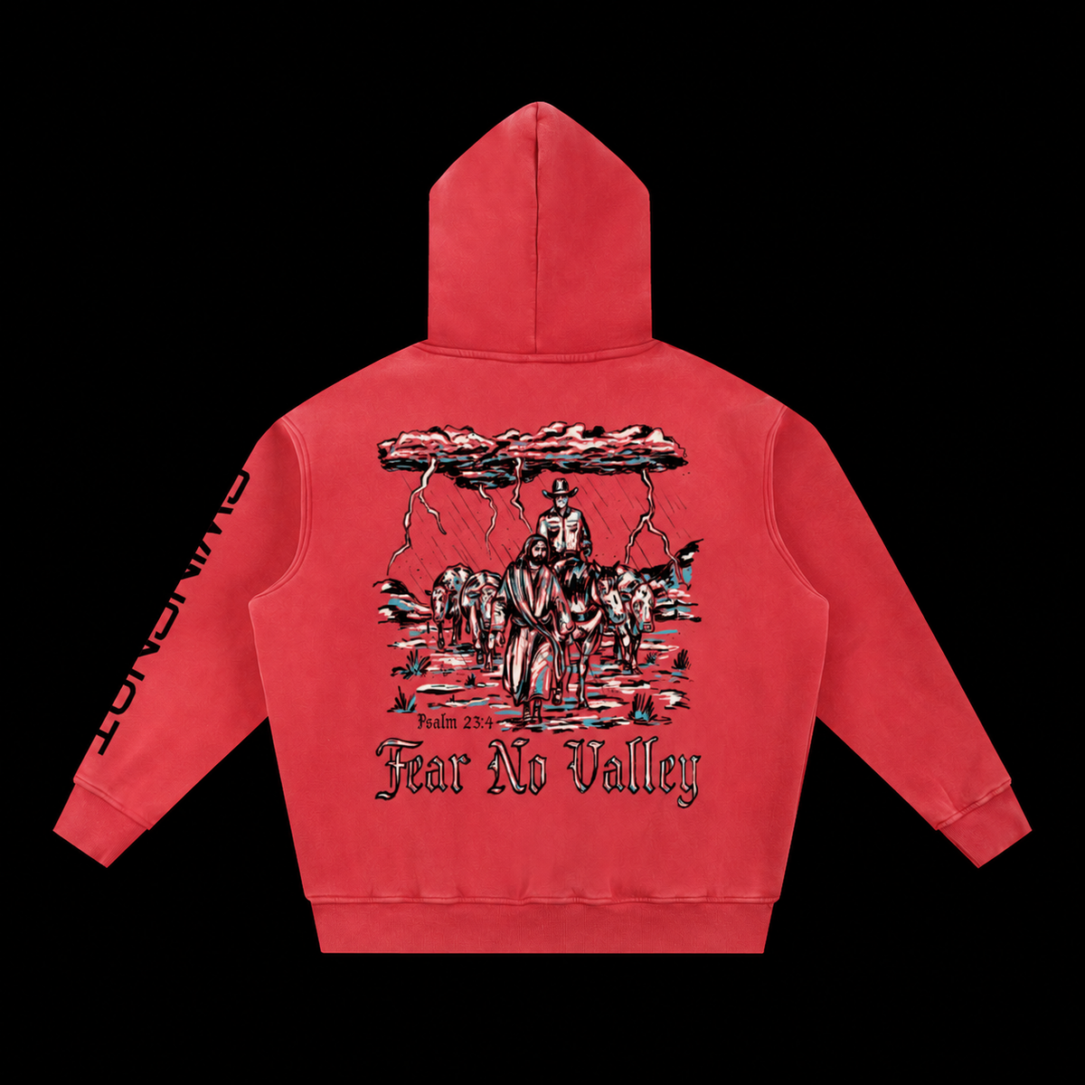 Fear No Valley hoodie — Red, back on black background