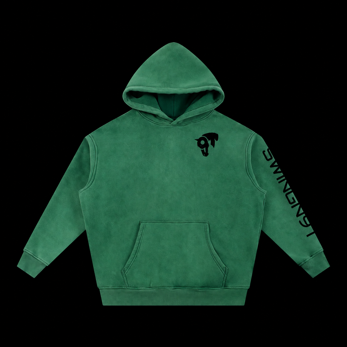 Fear No Valley hoodie — Dark Green, front on black background